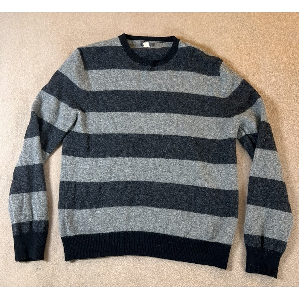 Express 100% Lambswool Sweater XL Gray Black Striped Crew Neck Soft Winter Cozy